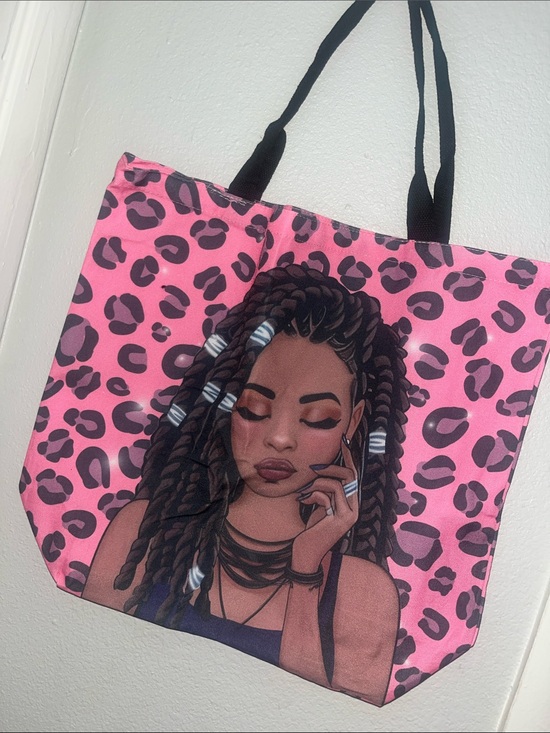 Handbags - Pink Leopard Print Tote Bag with Illustrated Design